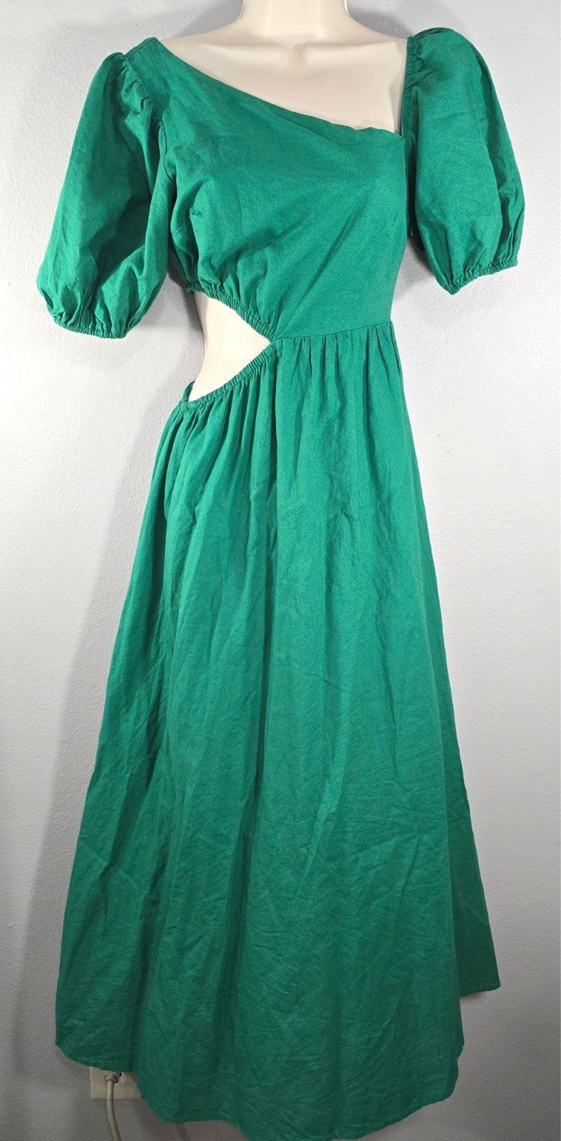 All About May Maxi Dress Size 4 Green Linen Blend Side cut out Milkmaid boho BZ