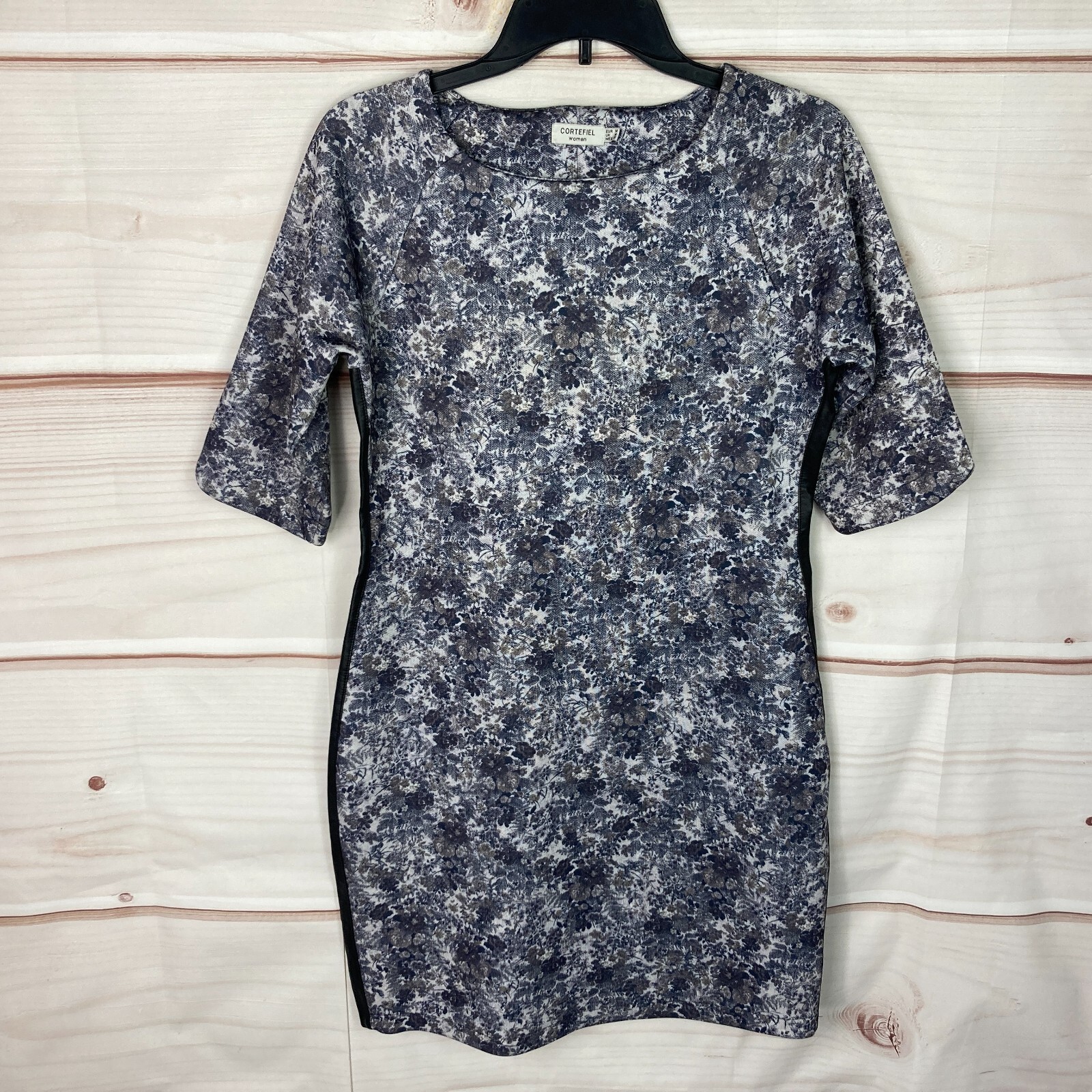 Cortefiel Dress Womens M Gray Floral Sheath Round Neck Pullover Mini Stretch