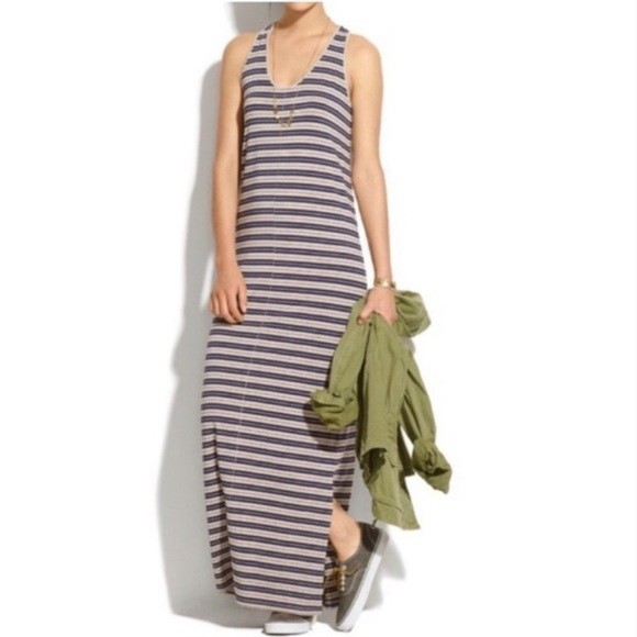 Madewell Maxi Dress Blue Tan Striped Scoop Sleeveless Racerback Hippie Small NWT