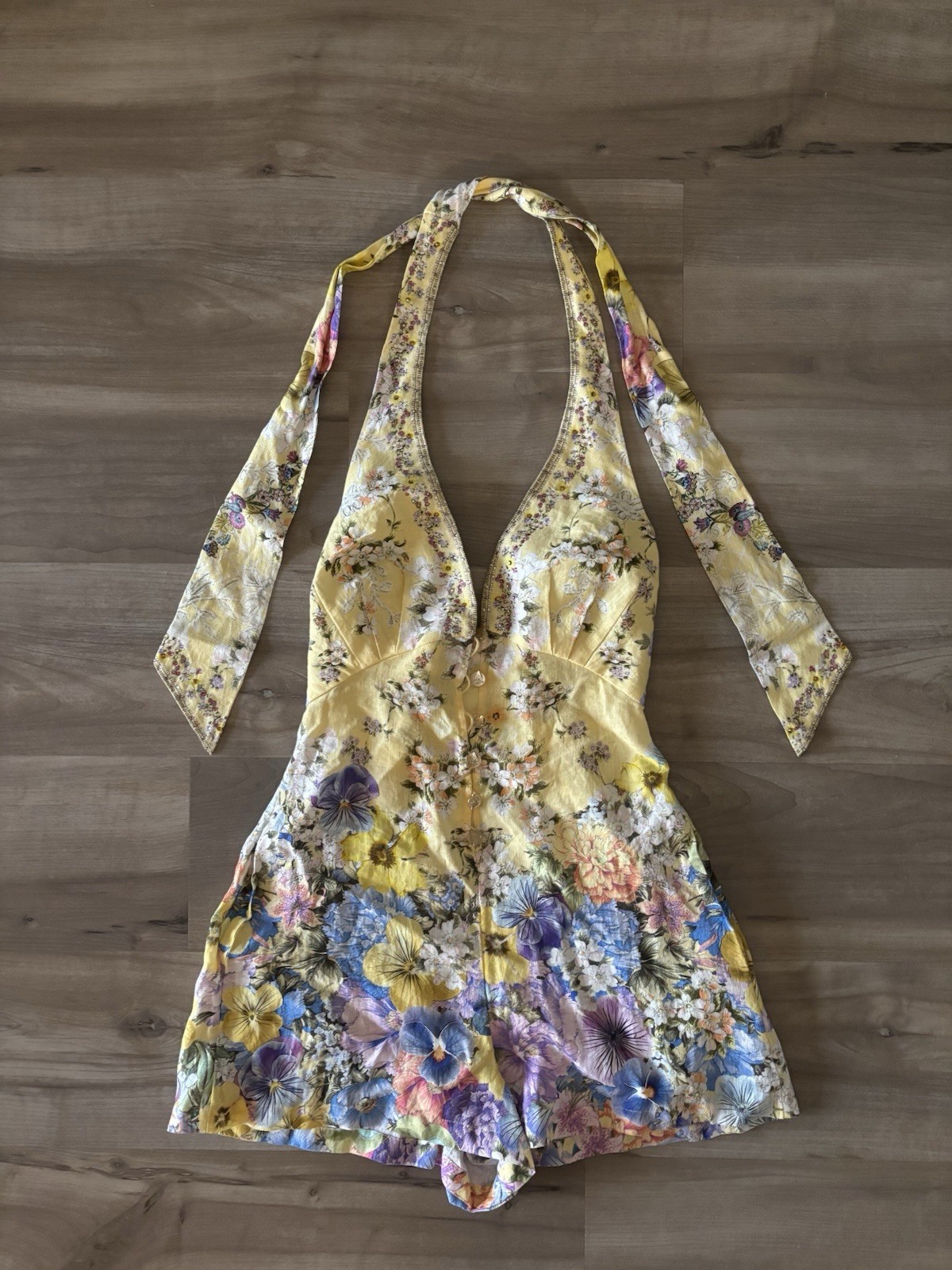 Camilla Designer Halter Romper Darling Buds Yellow And Floral 100% Linen Size XS