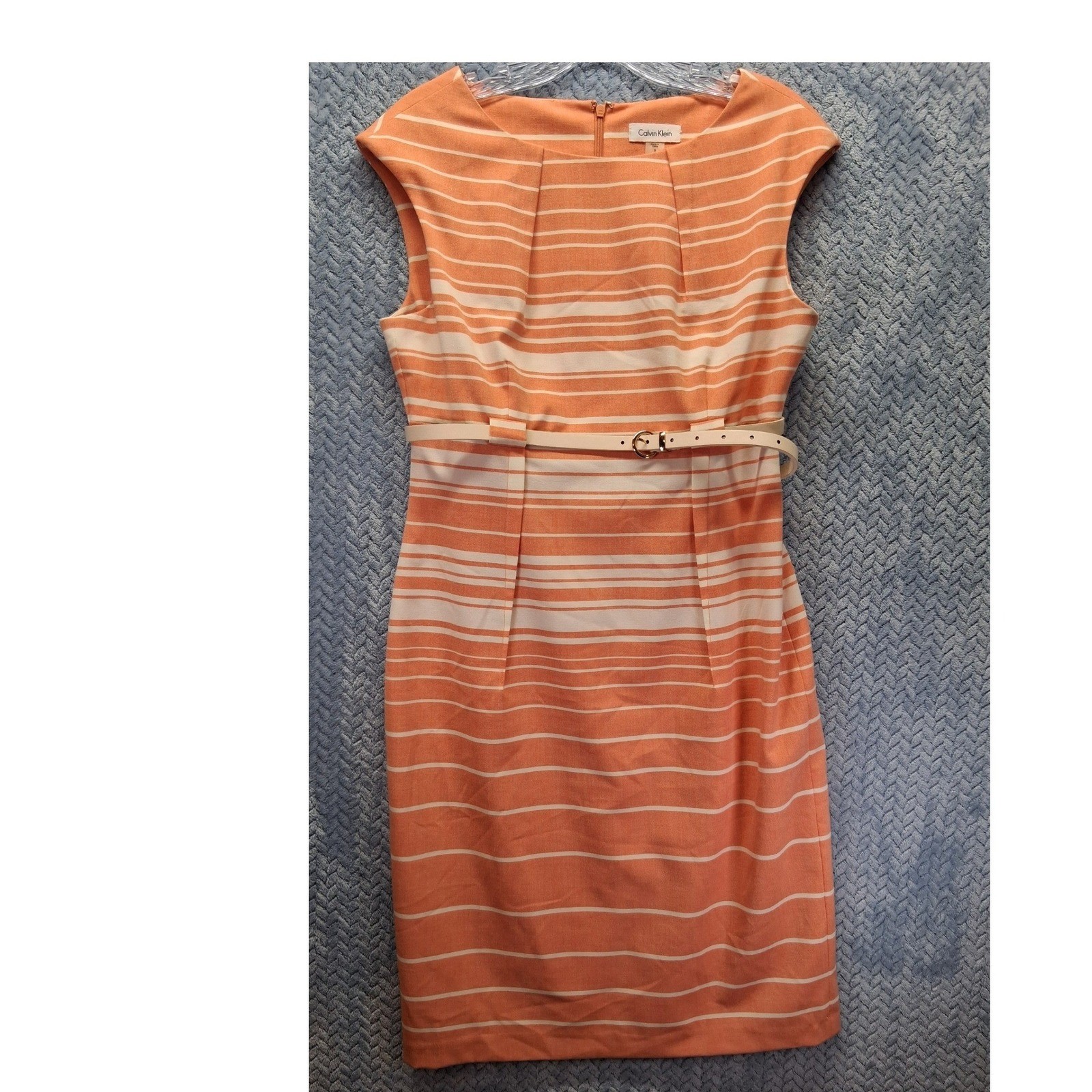 Calvin Klein Orange White Striped Belted Sheath Dress Size 8 Knee Length Summer