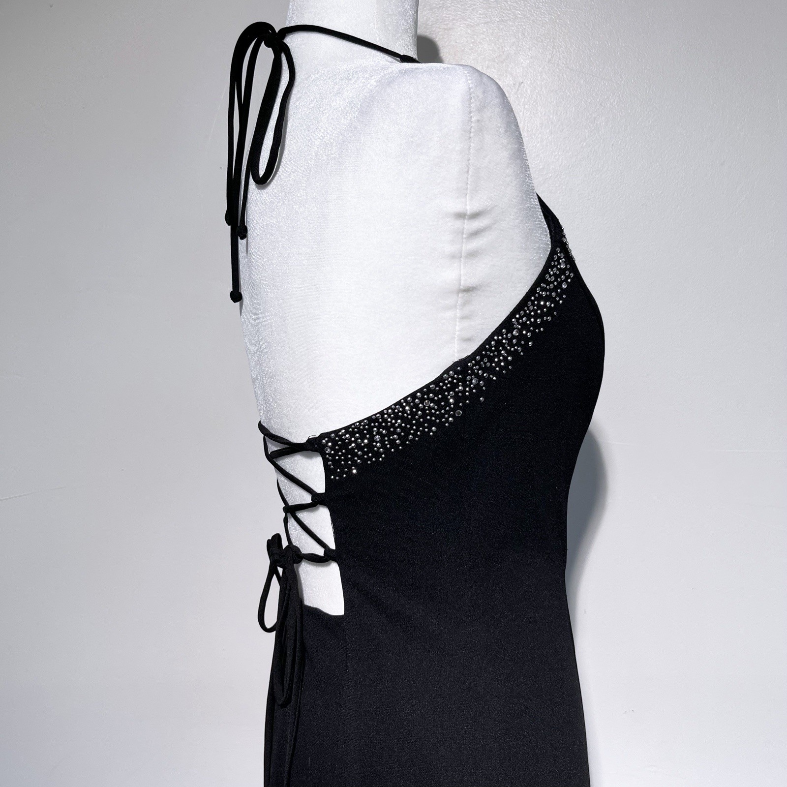 Vintage 90s Blondie Nites Black & Silver Bedazzle Halter Lace Up Back Maxi Dress