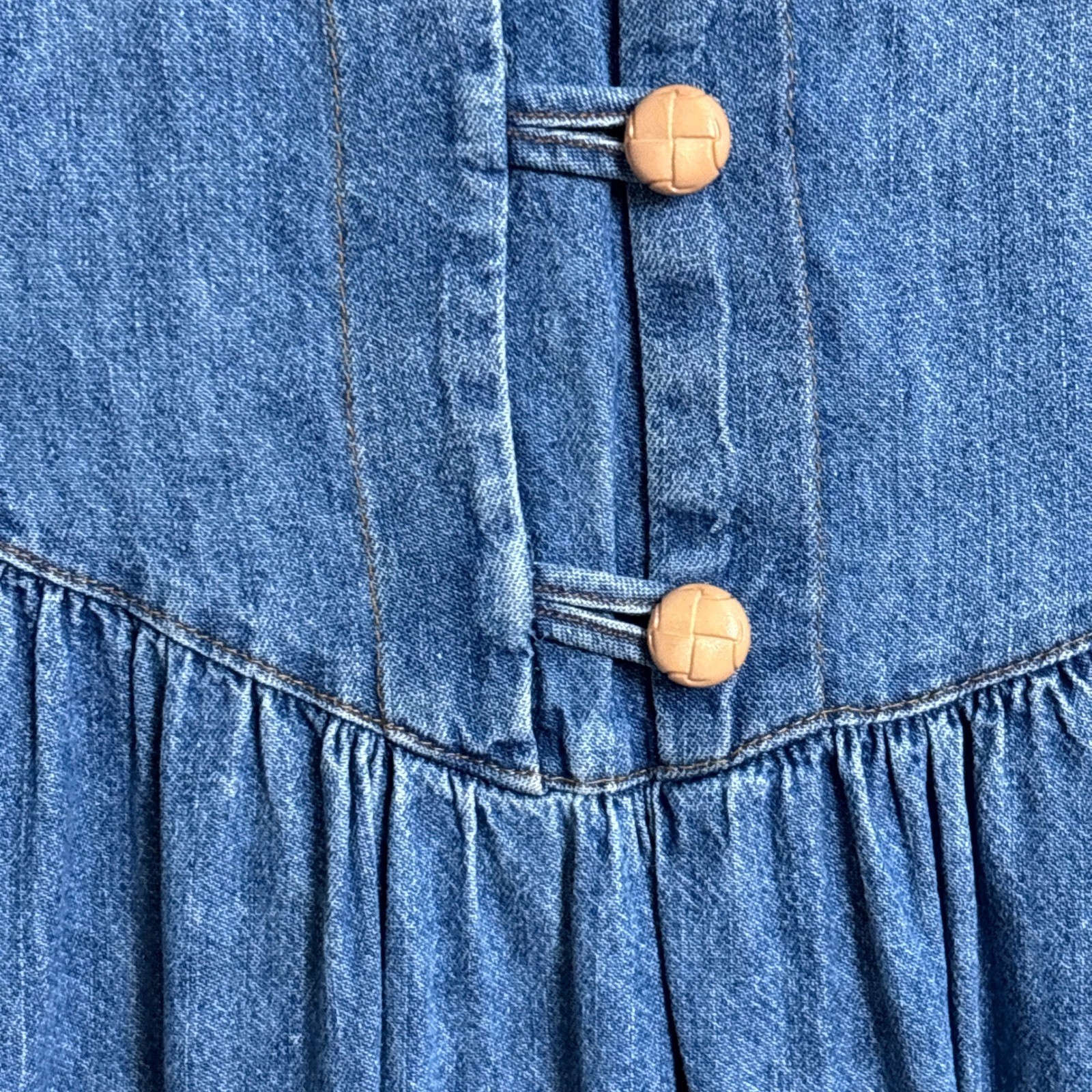 Vintage 90s Dress M Blue Denim Button Short Sleeve Midi Cottage Country Western
