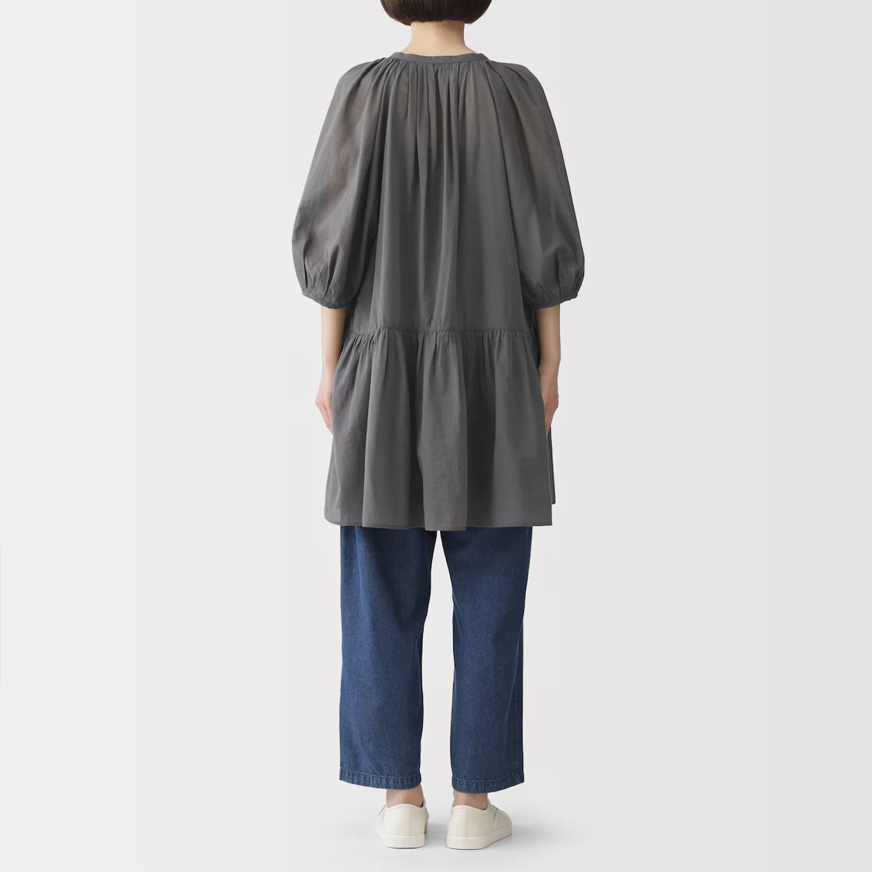 MUJI Womens 100% Organic High-Twist Cotton Sheer Tunic Dress Charcoal Gray FedEx