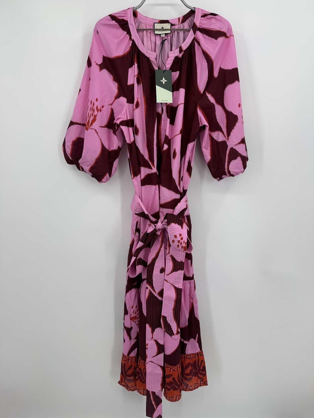 Tuckernuck Pink Palms Lyles Dress with Belt Cotton Tiered Maxi size M Meduim NWT
