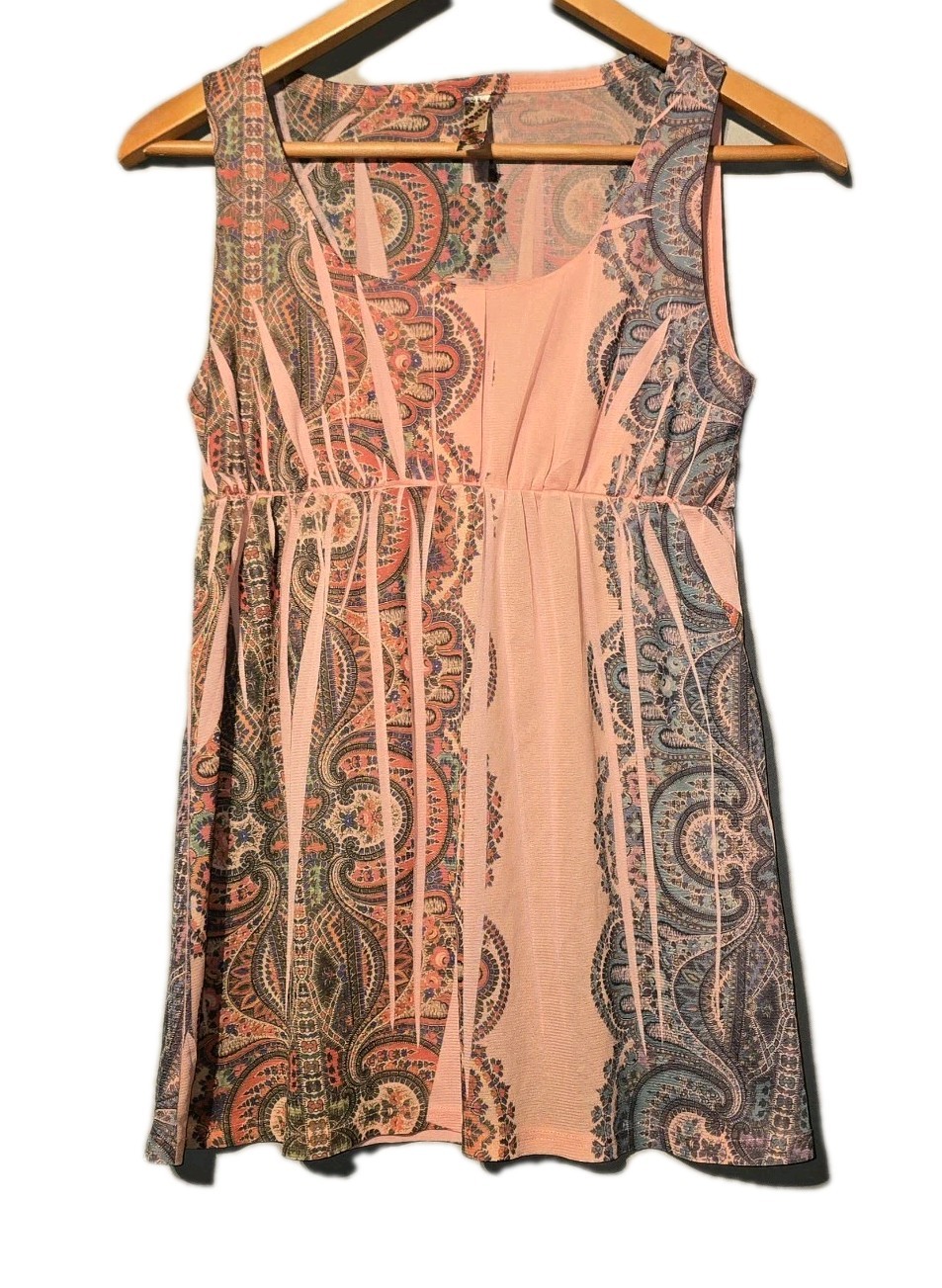 Sheer Multicolor/Orange Paisley Tank Top Ruched Sleeveless Scoop Neck Short