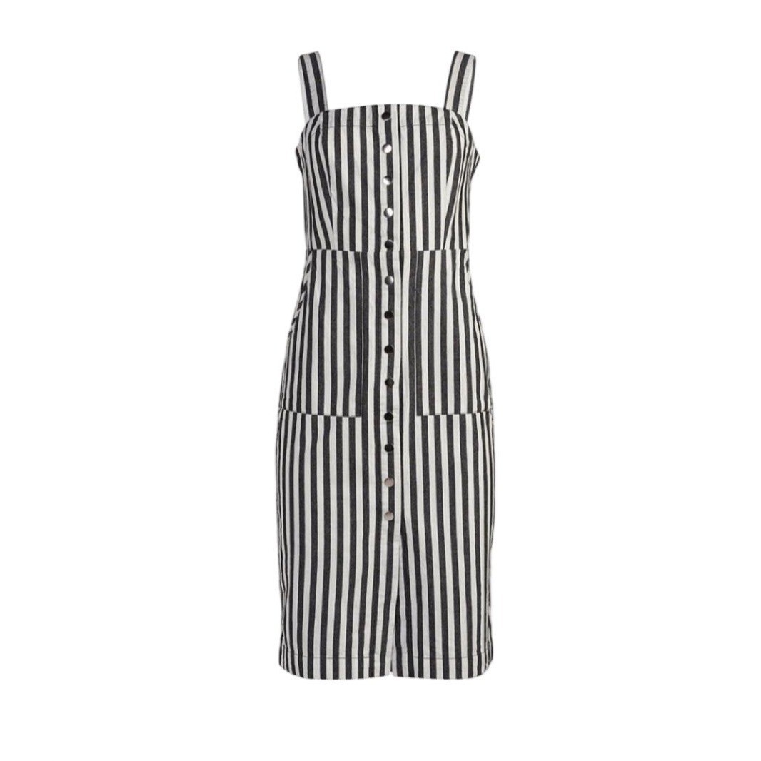 Neutral Striped Linen Dress L Retro Mod Classic Preppy Coastal Chic Resort 90s