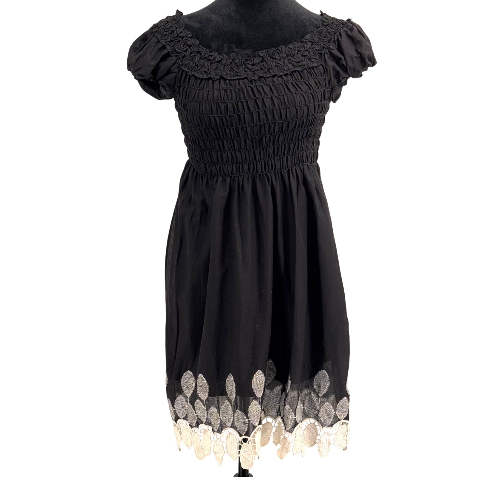 Vtg Max Edition Smocked Dress Womens L Floral Embroidery Hem Milkmaid Peasant