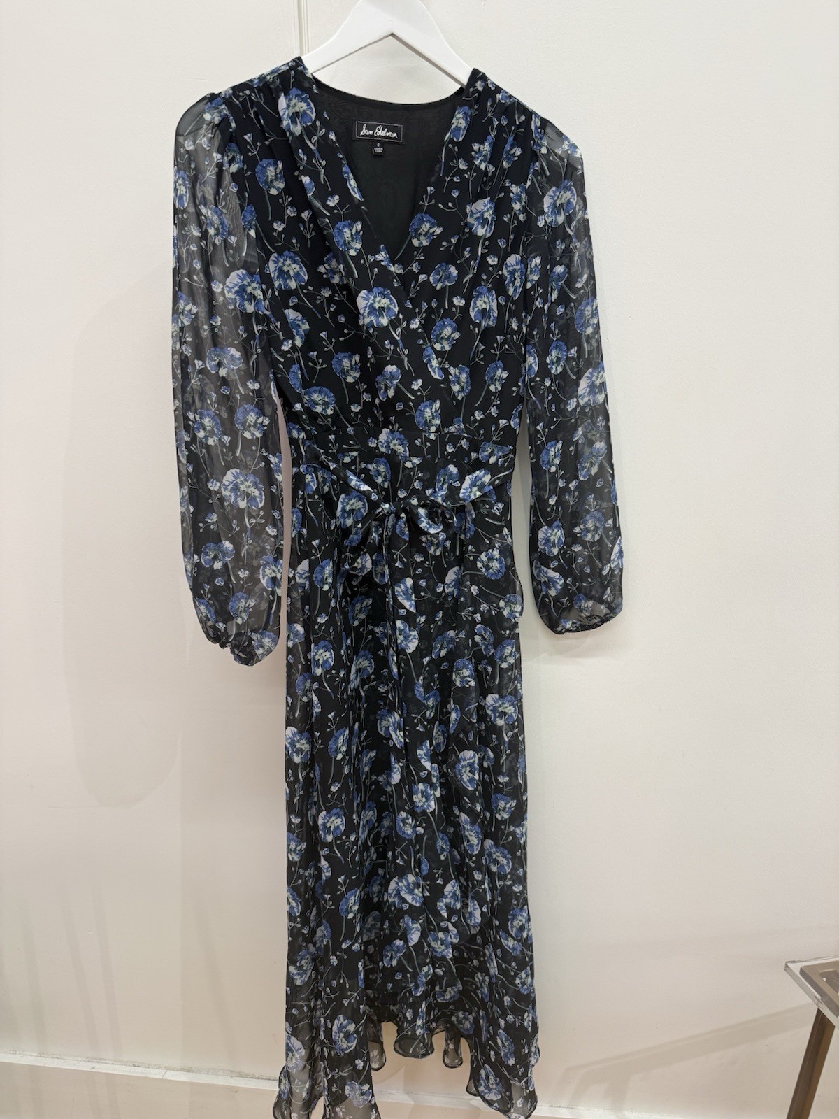Sam Edelman Women’s Black Blue White Floral Sheer Faux Wrap Midi Dress Size 0