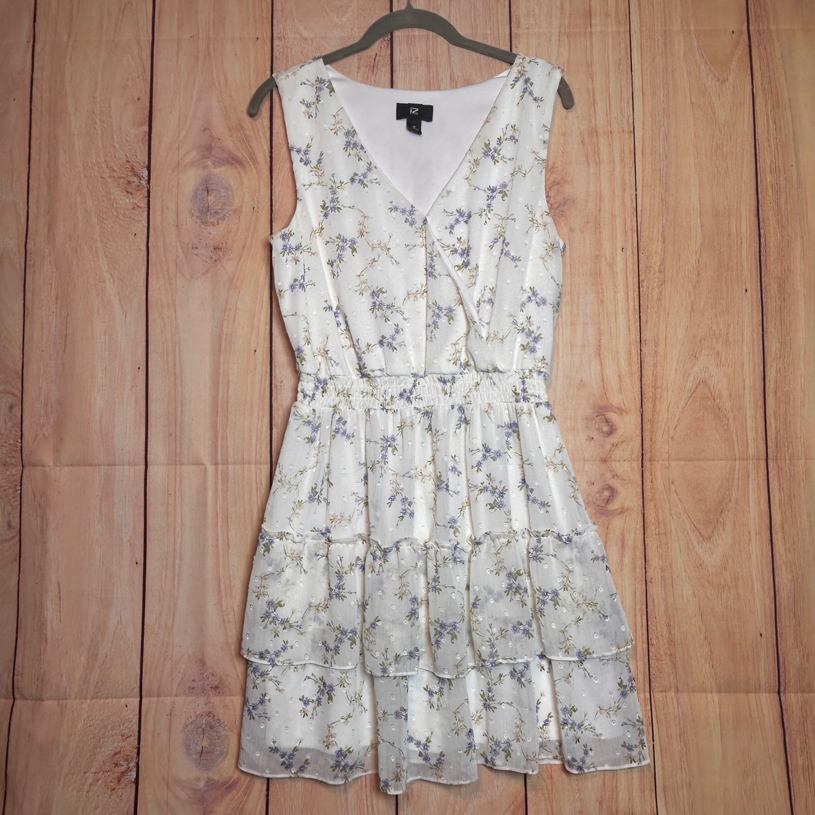 IZ Byer Floral Mini Dress Womens Medium White Purple Tiered Ruffle Cottagecore