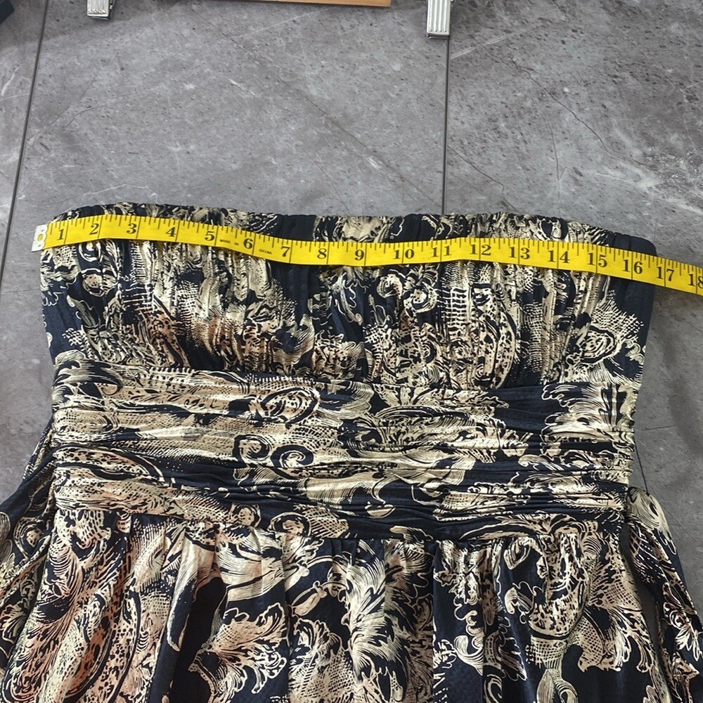 Y2K BCBGMaxAzria Silk Dress Size 8 Navy Blue Tan Strapless Bubble Hem Fairy Vtg