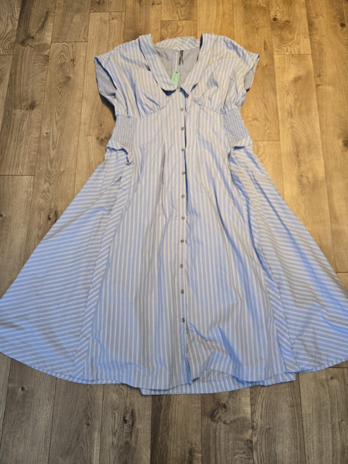 Anthropologie Tobie Button Front Pleated Shirt dress Size 2X Stripe Cottage Blue