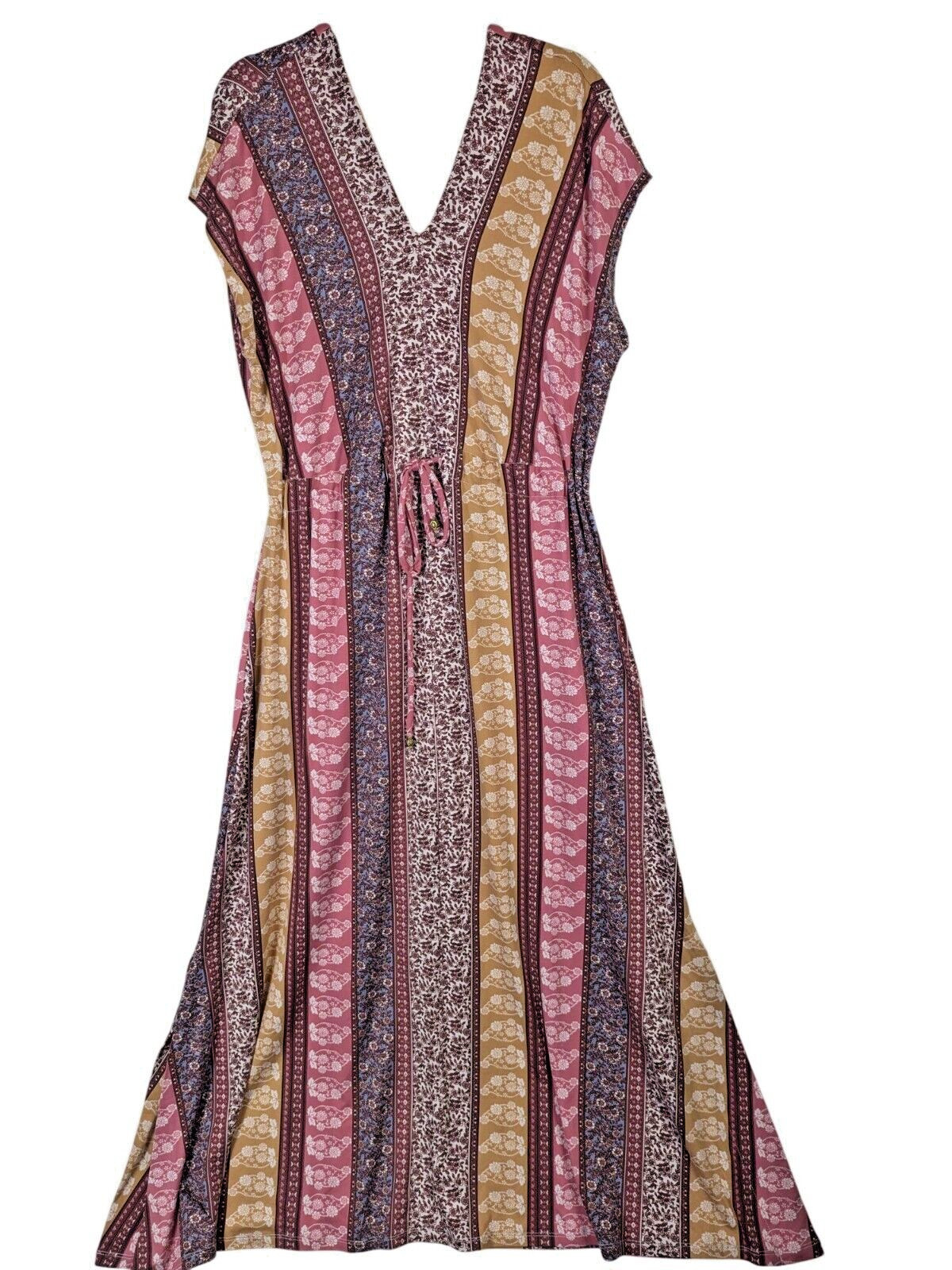 Cactus + Pearl Women size L Mix Stripe Knit Maxi Dress Slits Cottagecore Hippie