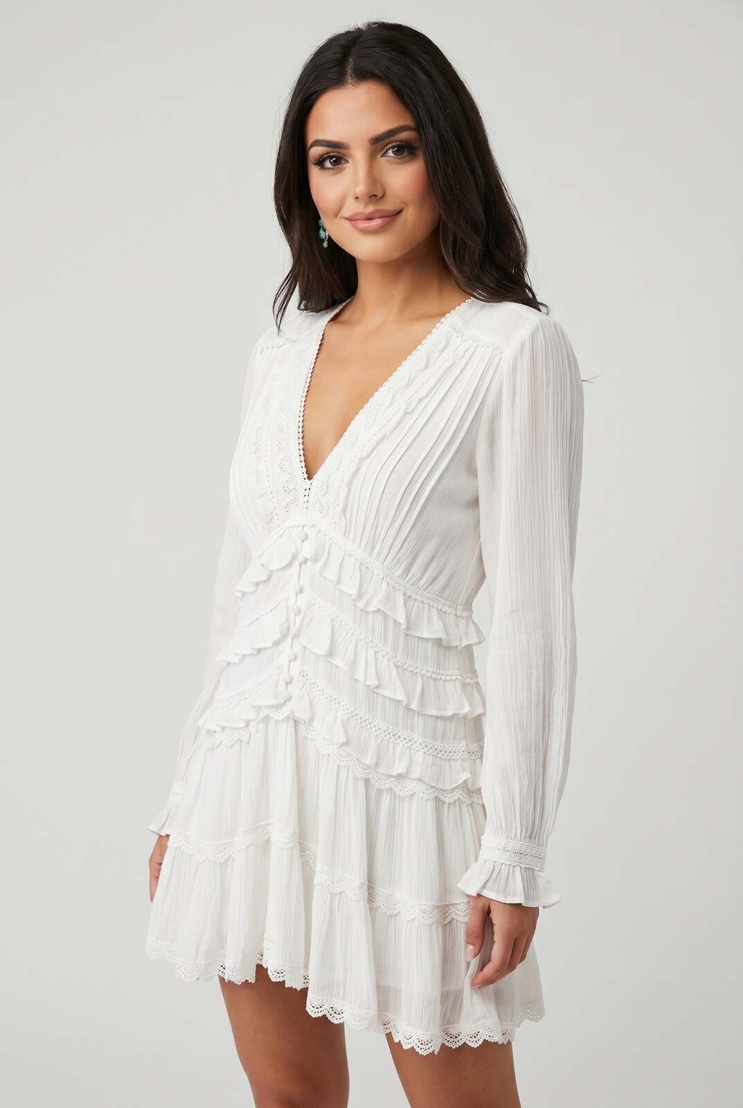AllSaints White Tiered Ruffle Mini Dress with Lace Trim, Size 4, New With Tags