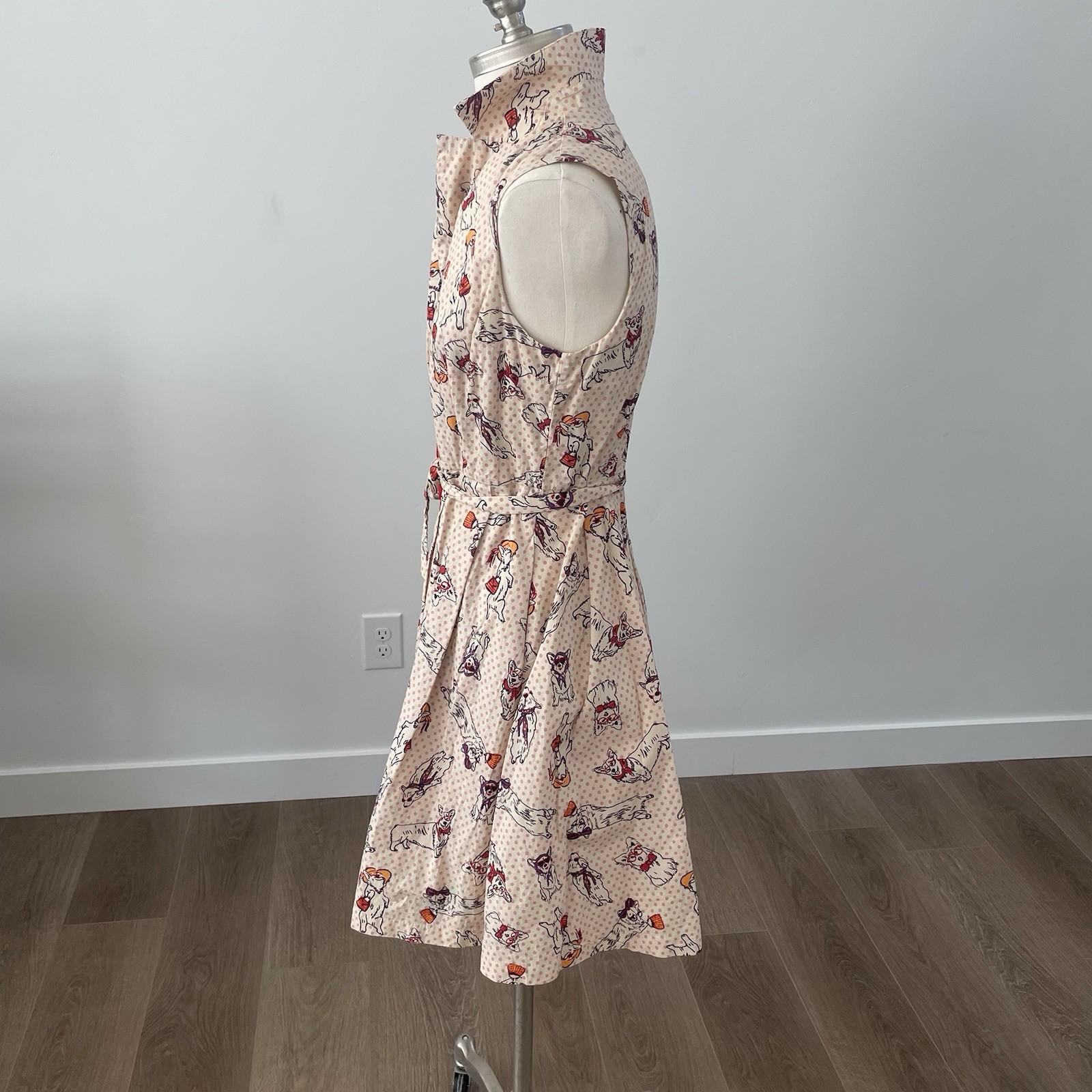 MODCLOTH Cream Polka Dot Community Brunch Bespeckled Corgi Dress MED With Belt