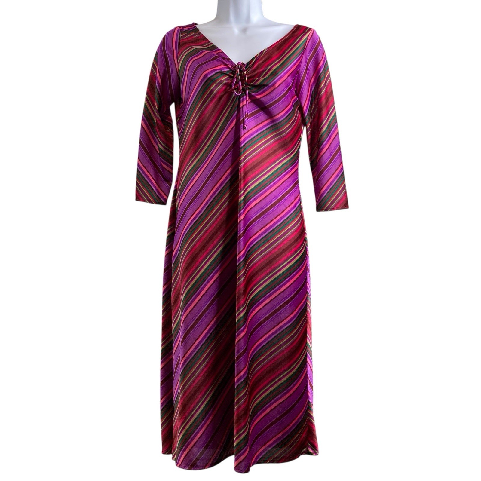 Vintage Helen Wang Women’s Purple Red Stripe Midi V Neck Dress Size M Mod Groovy