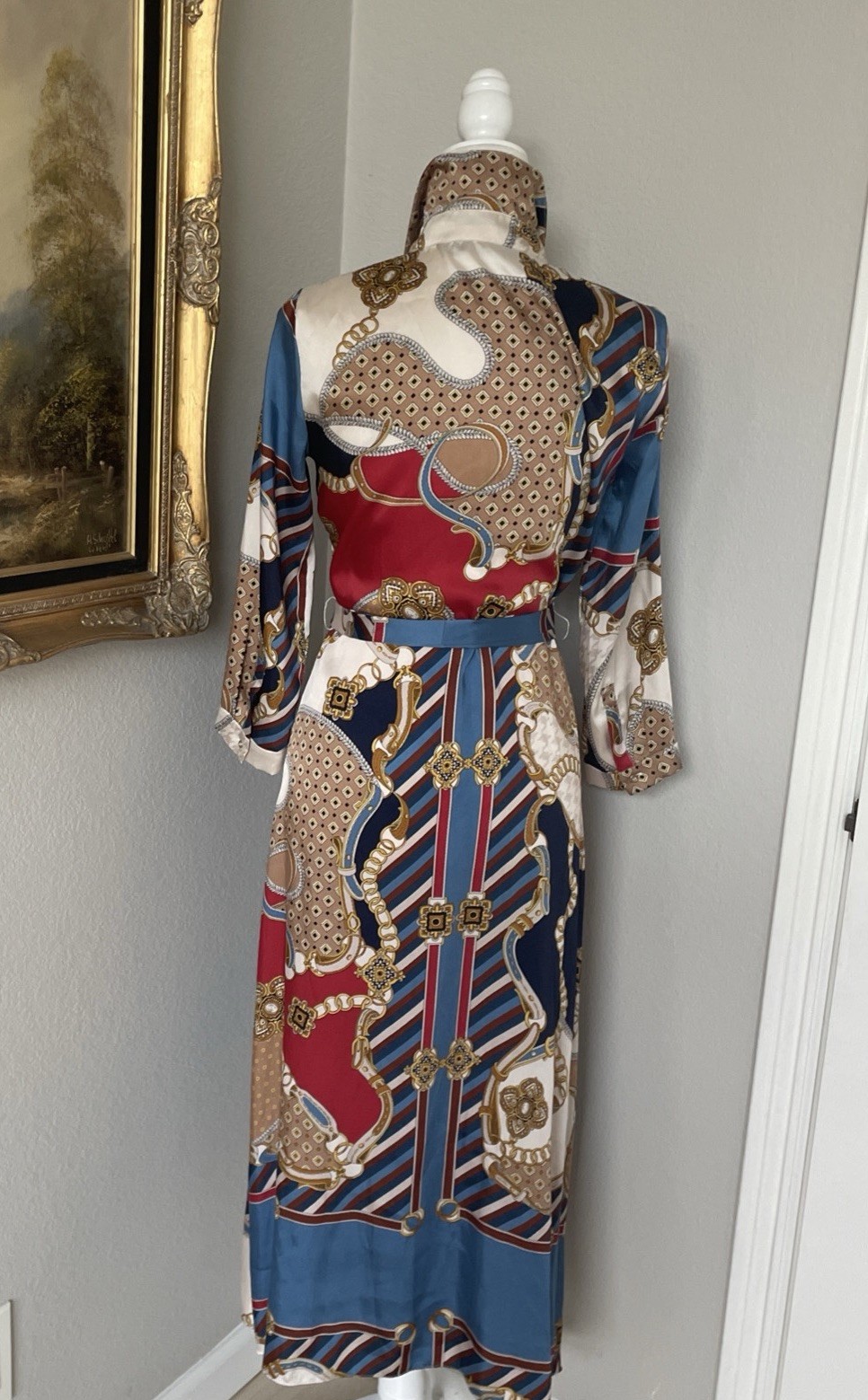 ZARA Chain Pattern Scarf Print All Over Shirt Dress Sz S Midi Equestrian GUC