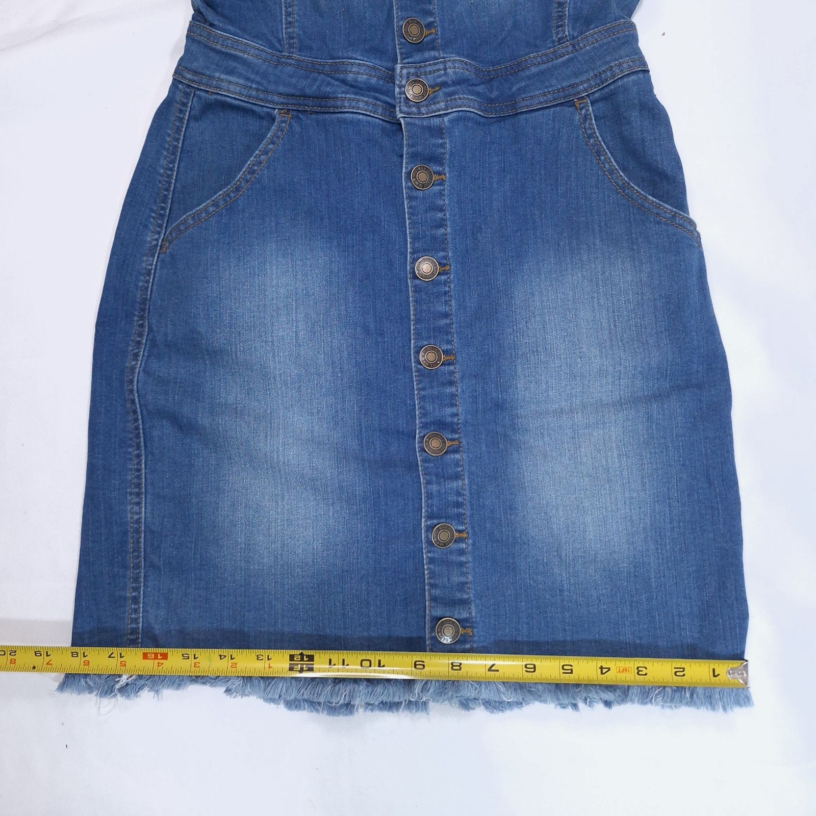 Wax Jean Button Front Denim Overall Mini Dress M Wash Blue Pinafore Raw Hem Y2K