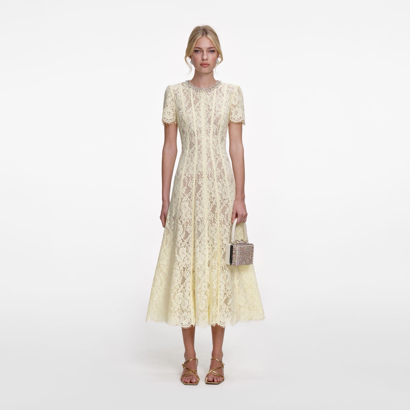 self portrait YELLOW LACE EMBELLISHED MIDI DRESS $ 735 Size US 2 UK 6