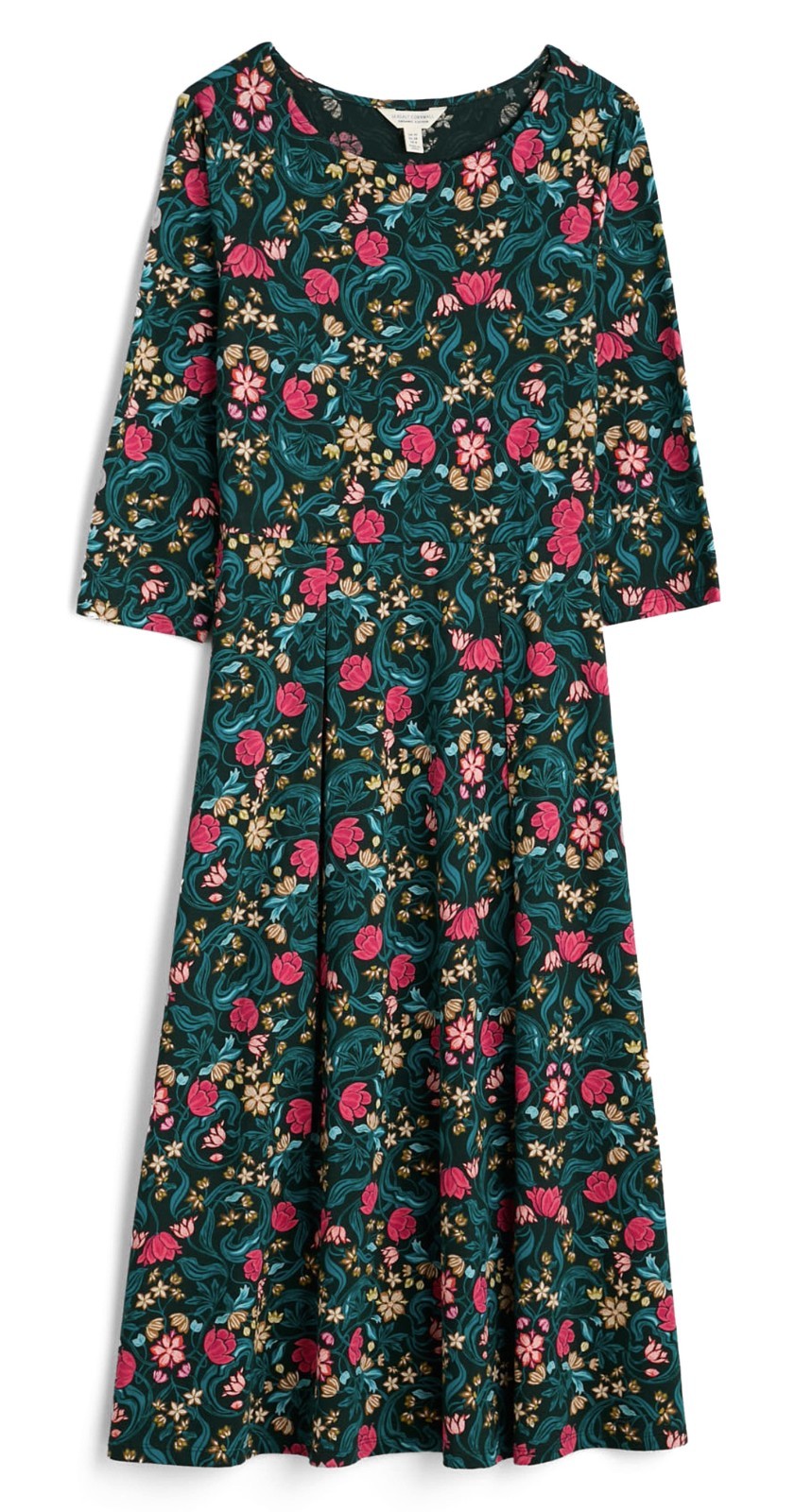 Seasalt Cornwall Teal, Turquoise & Pink Floral 3/4 Sleeve Cotton Midi Dress 18
