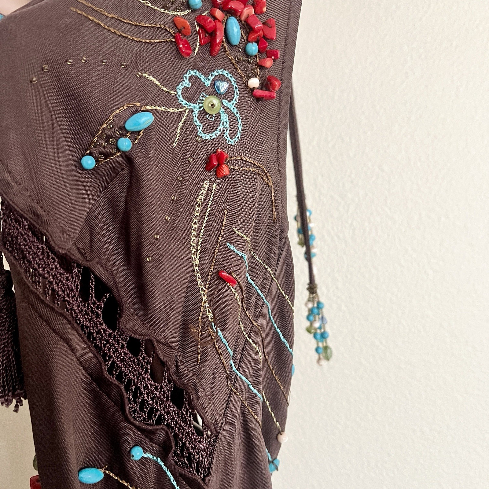 Vintage ROBERTO CAVALLI Class Brown Silk Bead Embellished Halter Slip Dress US10