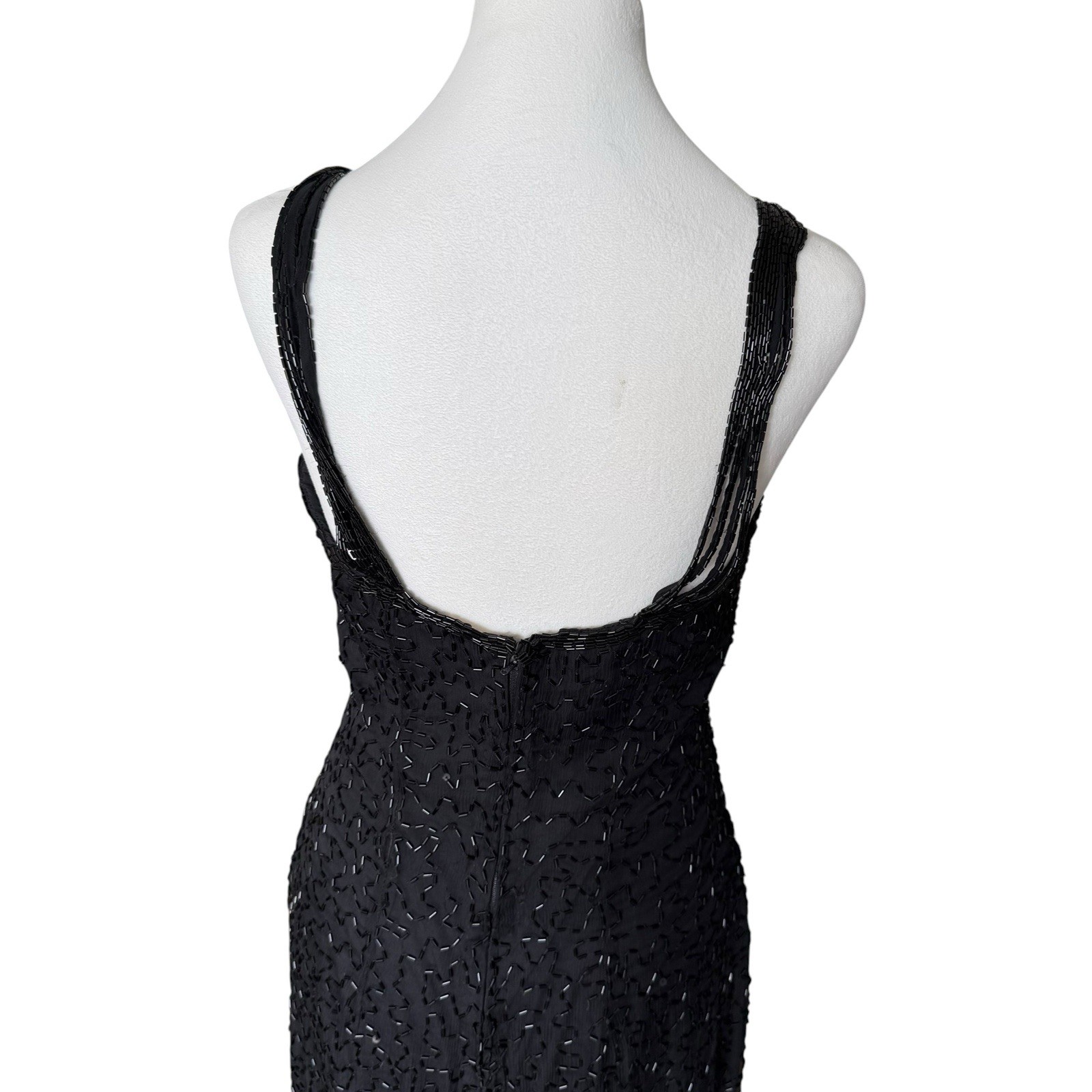 Vintage Scala 100% Silk Black Beaded Evening Gown Strappy Tank Bodycon Dress M