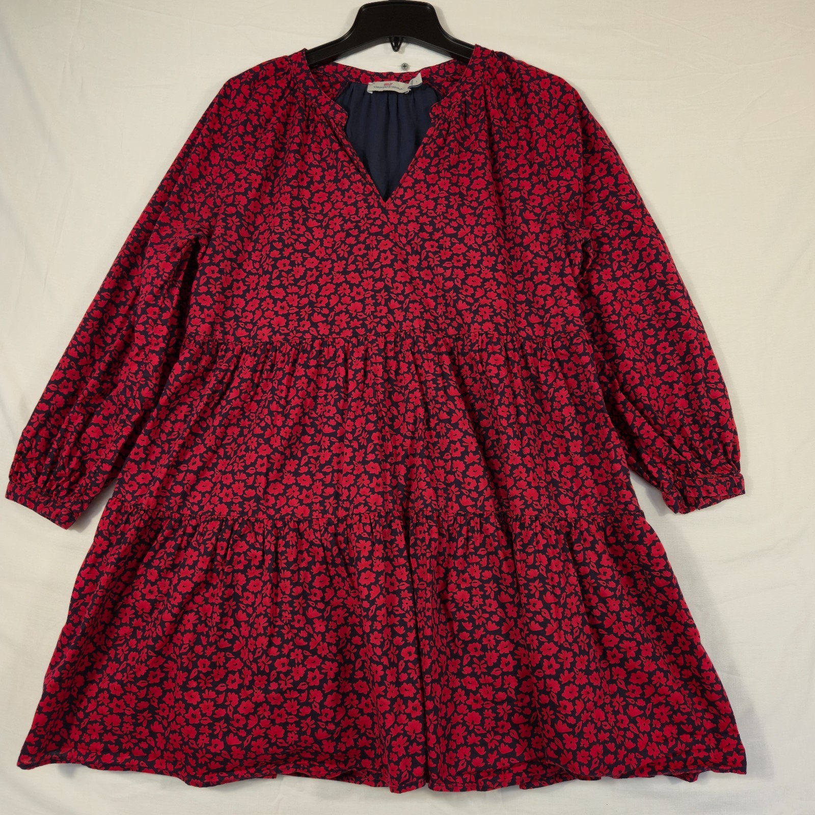 Vineyard Vines Tiered Dress Womens Large Black Red Floral V Neck Puff Sleeve