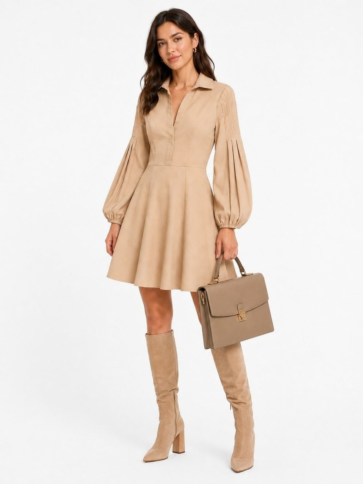 Long-Sleeve Collared Fit-and-Flare Dress in Beige