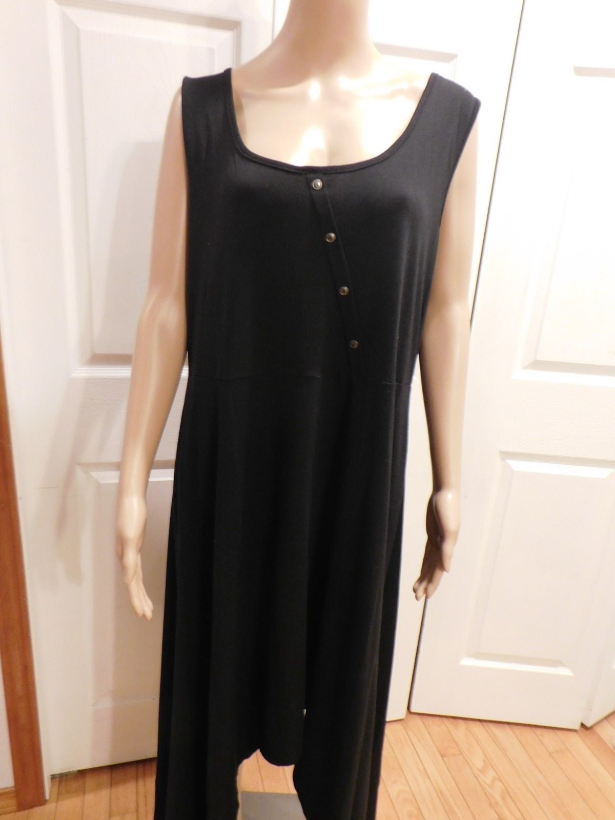 New Black Inclined Button Handkerchief Polyester Asymmetrical U Neck Dress 2 XL