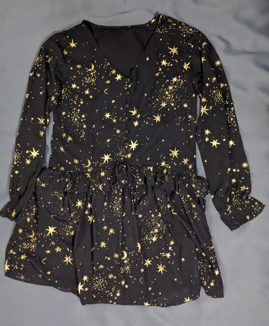 Black V-Neck Celestial Dress Gold Foil Constellation Print Small
