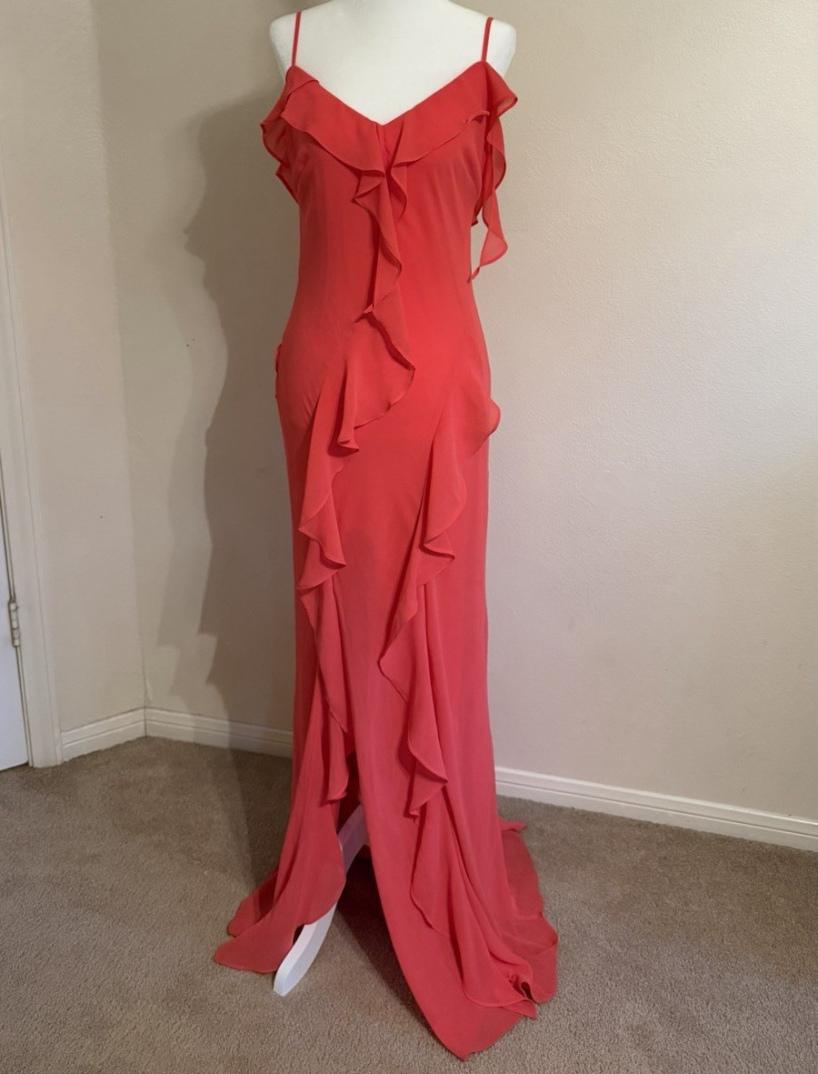 X by Xscape Coral Solid Ruffle V-Neck Strappy Sleeveless Maxi Dress Size 6