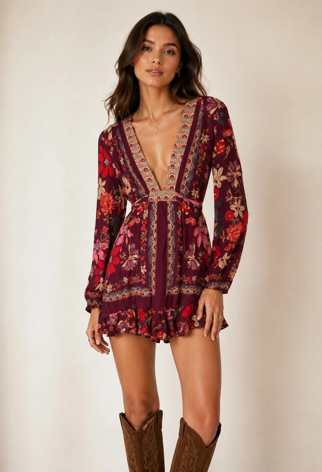 Free People Dress Violet Hill Mini Tunic Dress Purple Floral Print Size 10