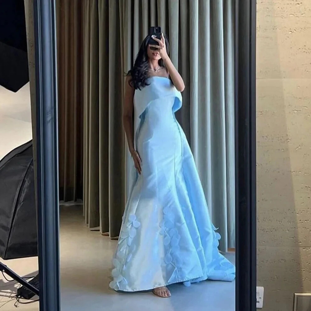 Strapless Light Blue Satin Mermaid Formal Gown 3D Floral Cape Evening Dresses