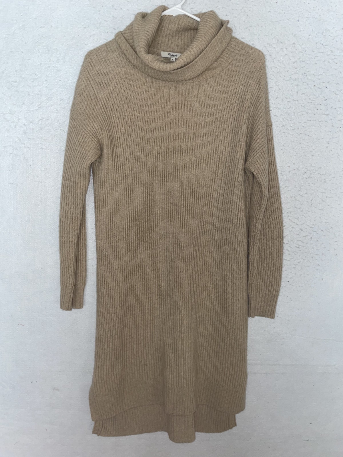 Madewell 100% Merino Wool Cowl Neck Tunic Tan Sweater Dress Size S Ribbed Knit