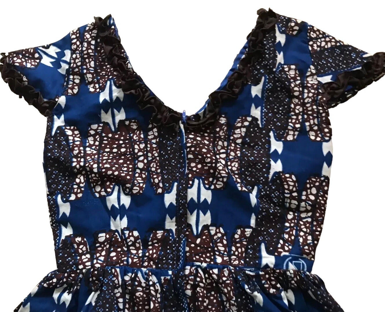 Handmade Dutch Wax Print Short Sleeve Dress Fit and Flare Small S XS Blue Brown