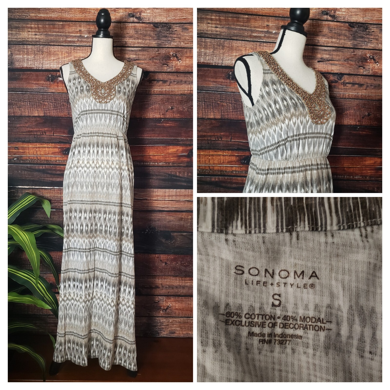 Sonoma Dress Size Small Maxi Beaded Tribal V-Neck Sleeveless Boho Side Slits