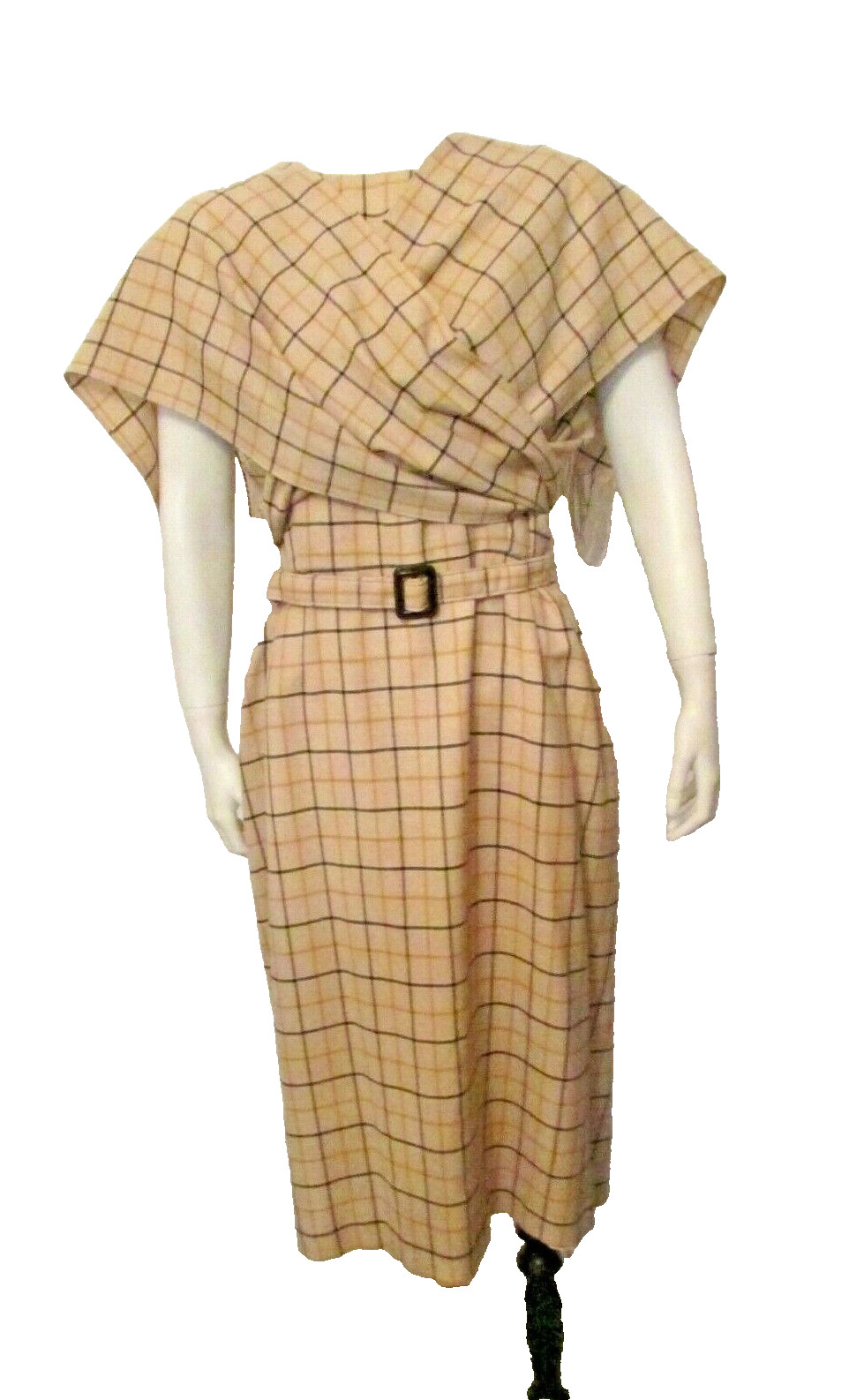 $2690 Carolina Herrera Italy Grey Plaid Attached Fringed Scarf Belted Dress 10