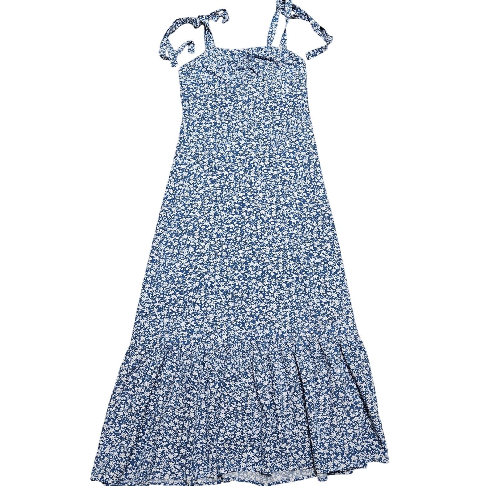 Cottagecore Prairie Blue Floral Maxi Sundress Women Sm Tie Shoulder Ruched Bust