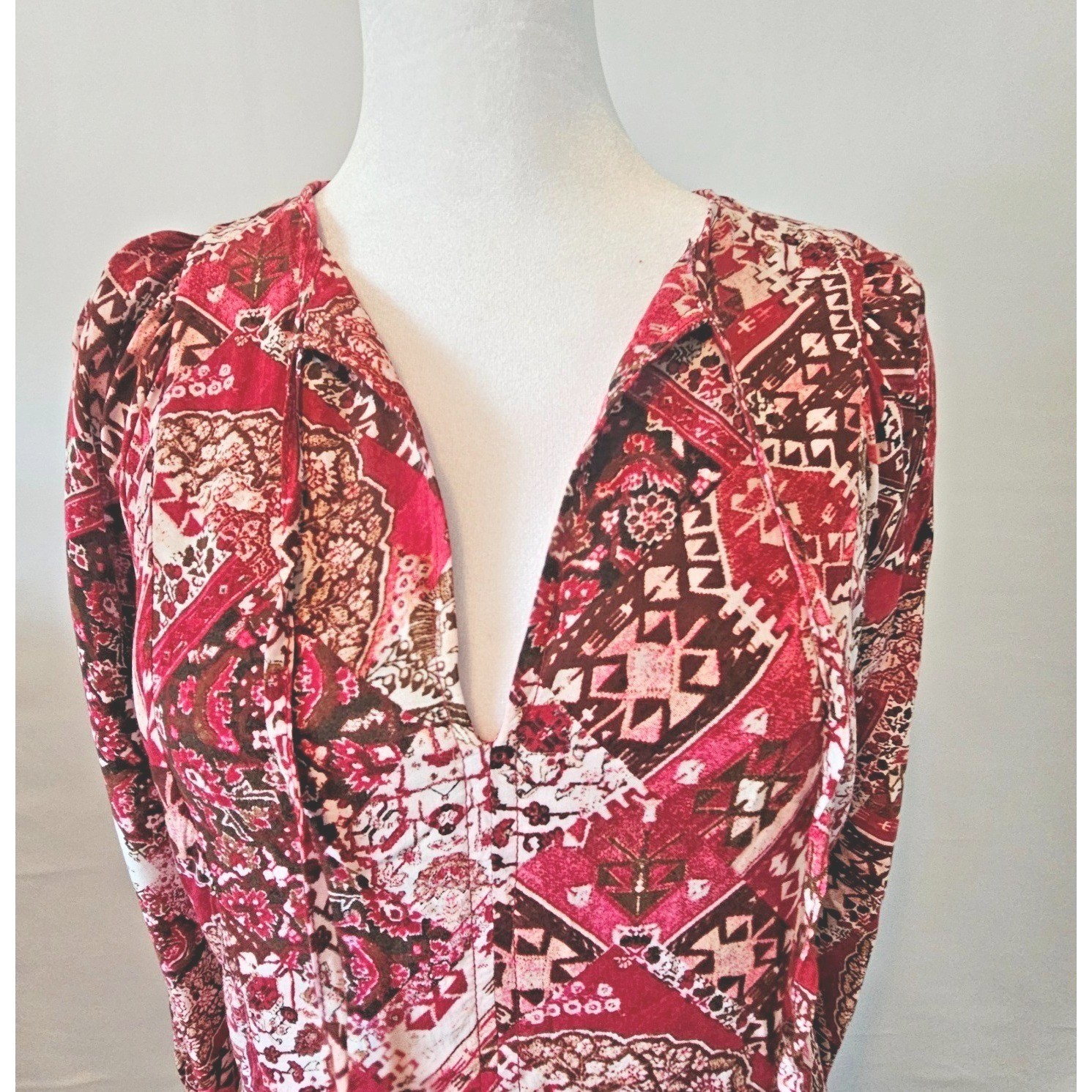 Calvin Klein Women’s Size 4 Boho Midi Dress 3/4 Sleeve Paisley Print Burgundy