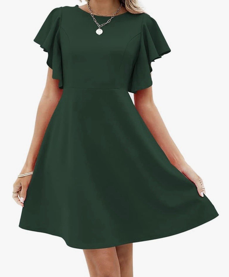 Oten Women’s Dark Green Flutter Sleeve Fit & Flare Swing Dress Pockets L NWT