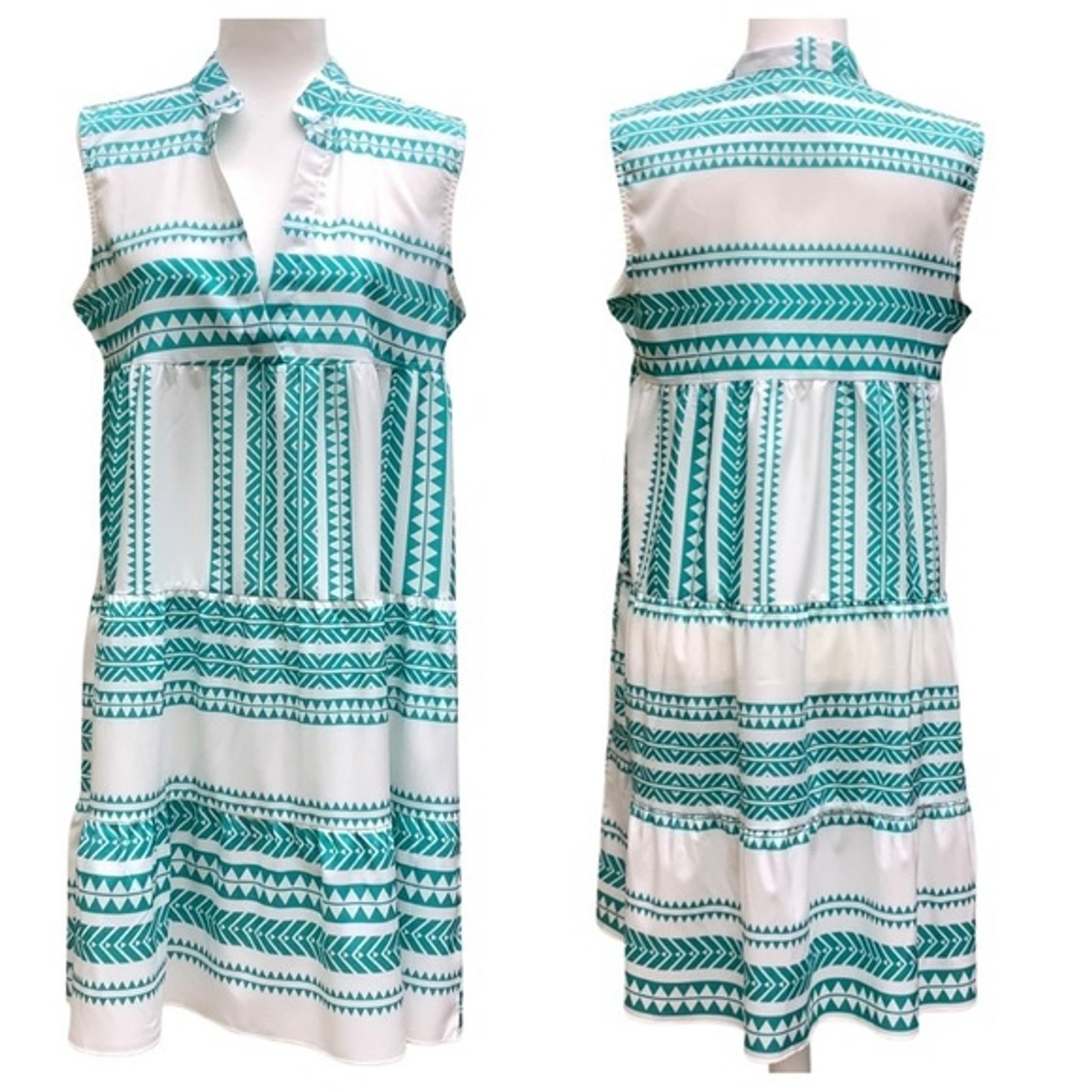 Boho Teal Geo Print Sleeveless Tunic Dress V-Neck Flowy Women’s Size M