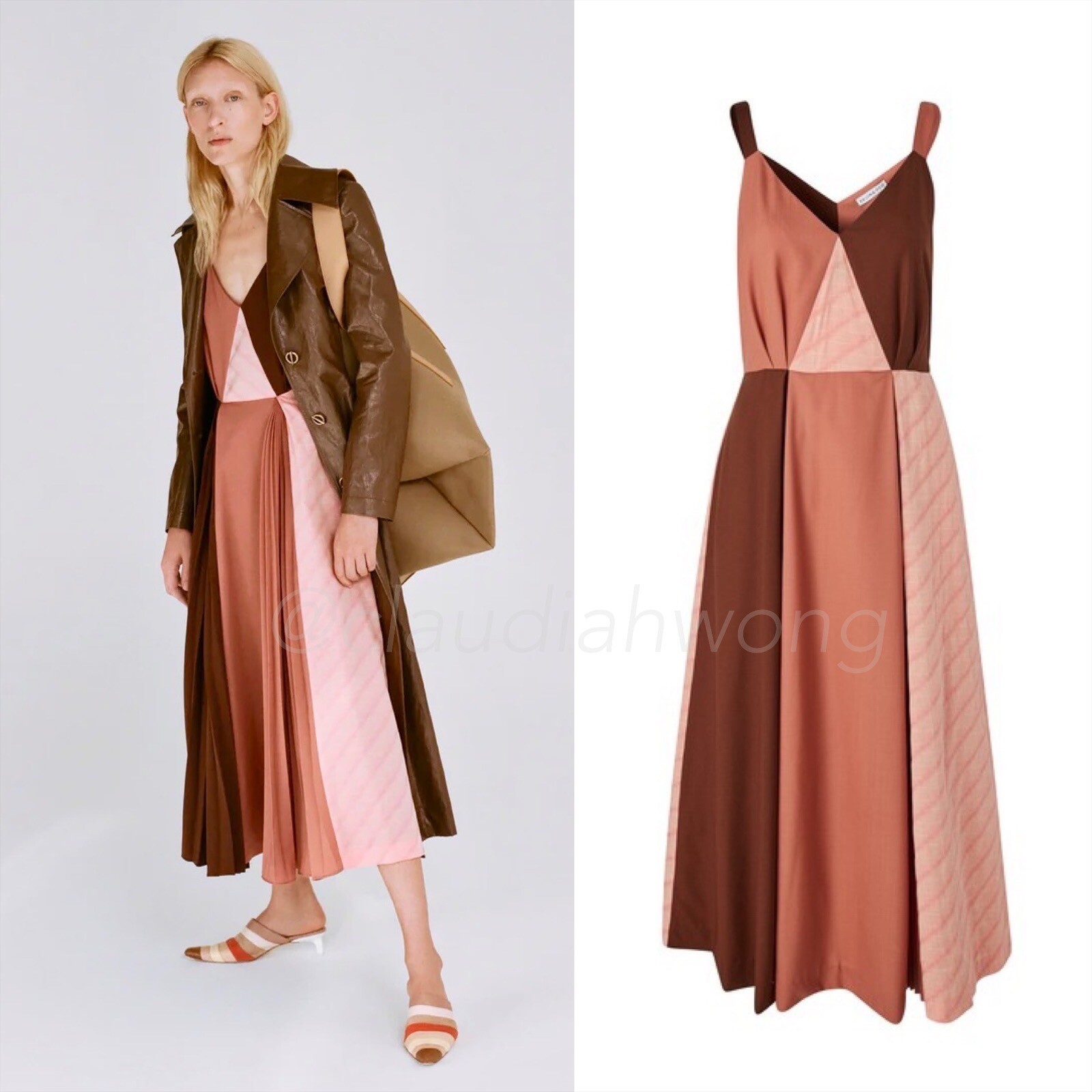 REJINA PYO Rosa Japanese Wool Rust Tonal Pink Brown Pleated Midi Dress US 6 UK10