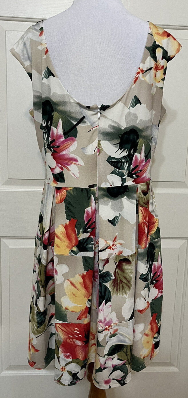 Tiana B size 12 beige red green white floral sleeveless A-line dress women’s