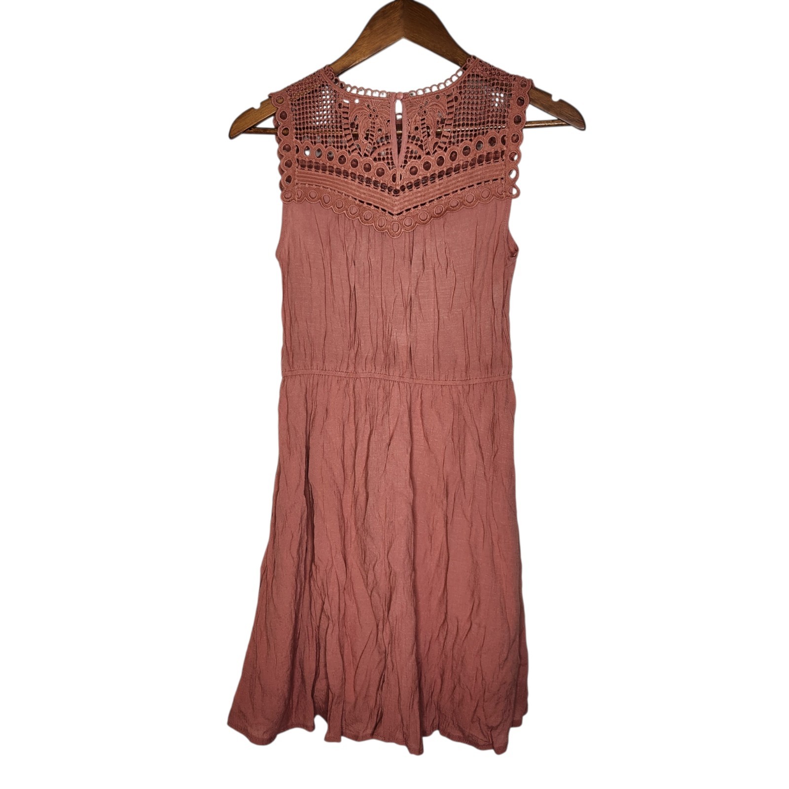 MINE Blush Pink Crochet Lace Accents Sleeveless Smocked Lined Mini Dress Size S