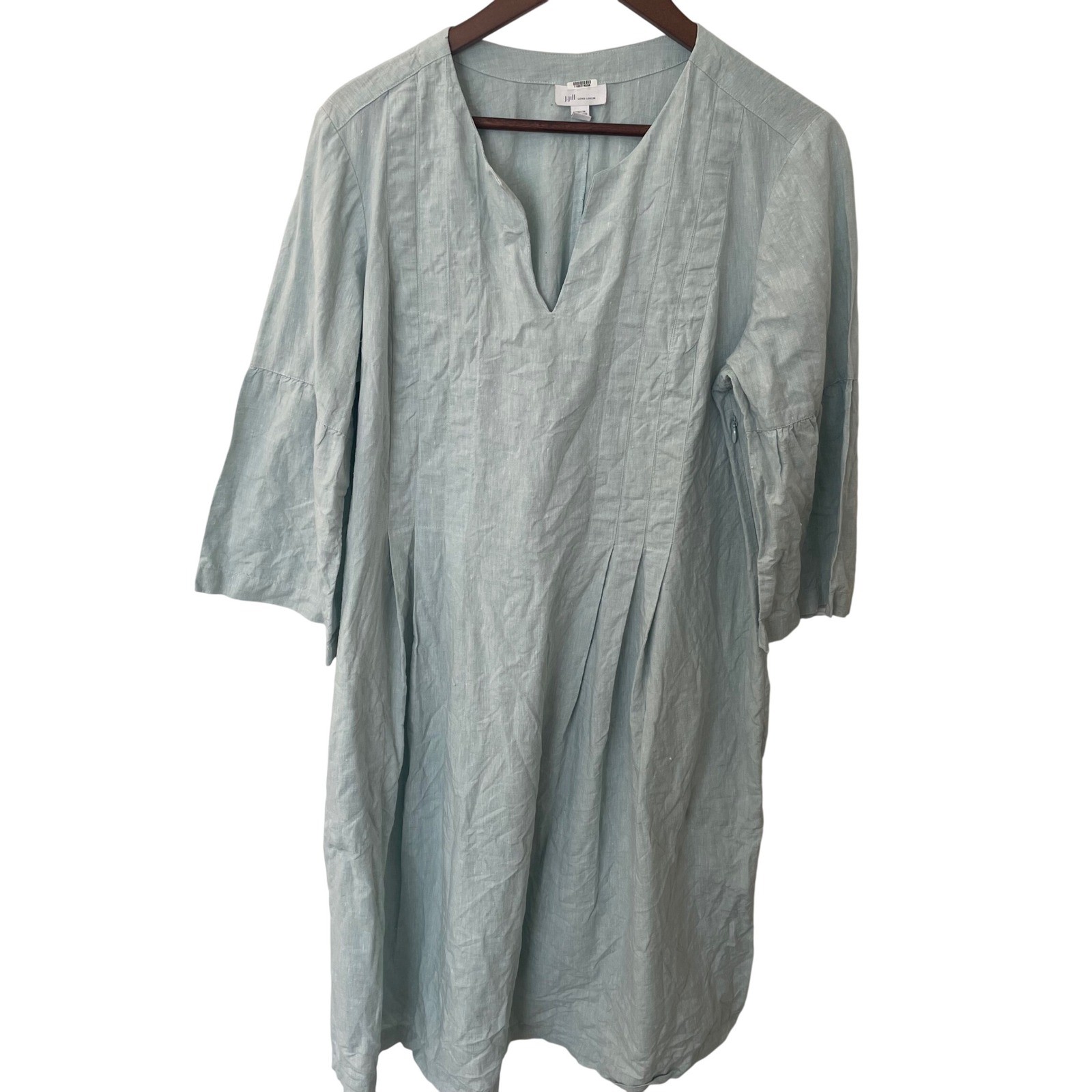 J. Jill Love Linen Light Blue Pintuck Shift Dress 3/4 Bell Sleeve 1X