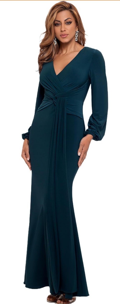 Betsy & Adam Women’s Floor-Length, Long Sleeve, Front Knotted, Gown 4P Green NWT