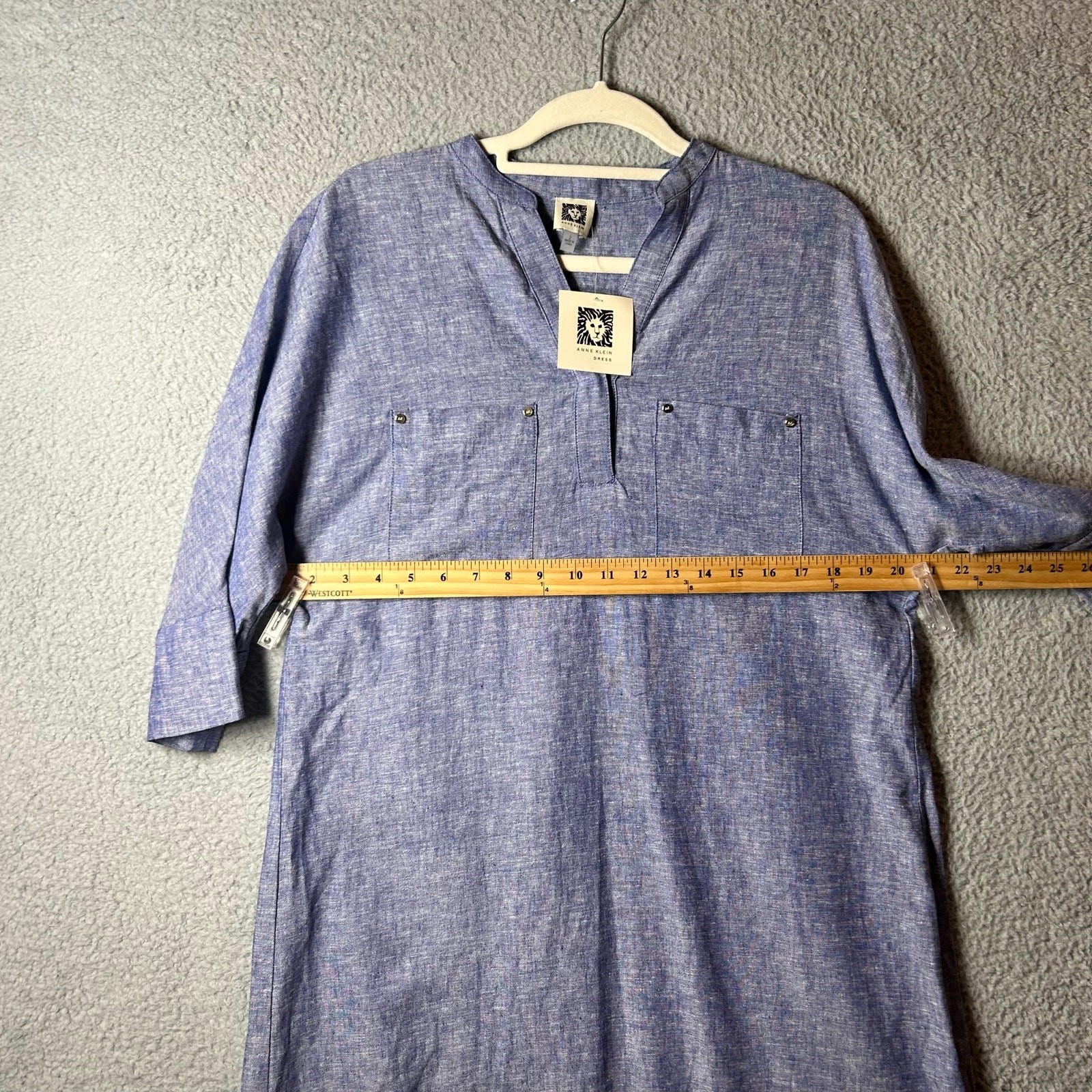 Anne Klein Dress Womens 2 Blue Split Neck 3/4 Sleeve Chambray Mini Dress NEW