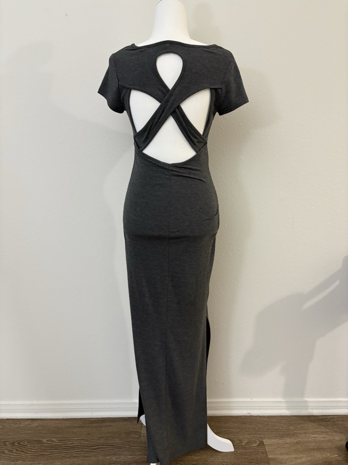 Japanese Brand Charcoal Open Back Cross Strap Maxi Dress F