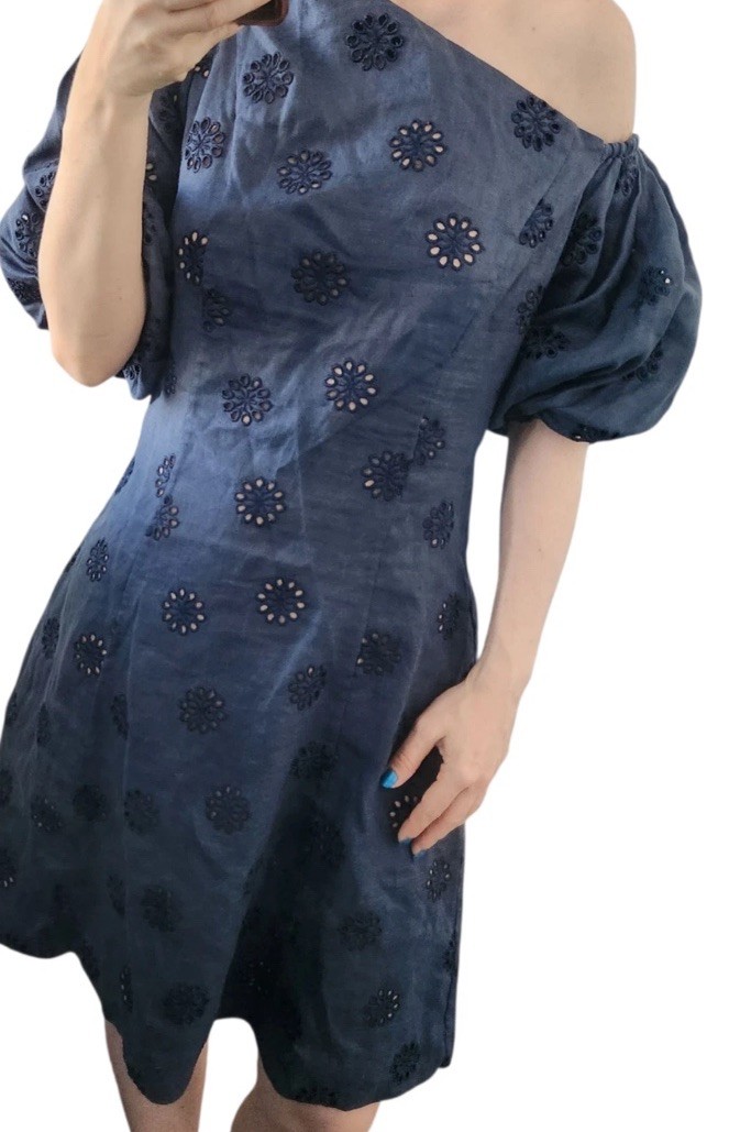 $598 NWT Figue Darcy Dress Navy Eyelet Off Shoulder Mini Size 4 SMALL Linen