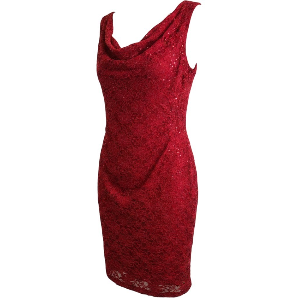 Connected Apparel Red Lace Sequin Cowl Neck Ruched Sheath Dress Womens 14